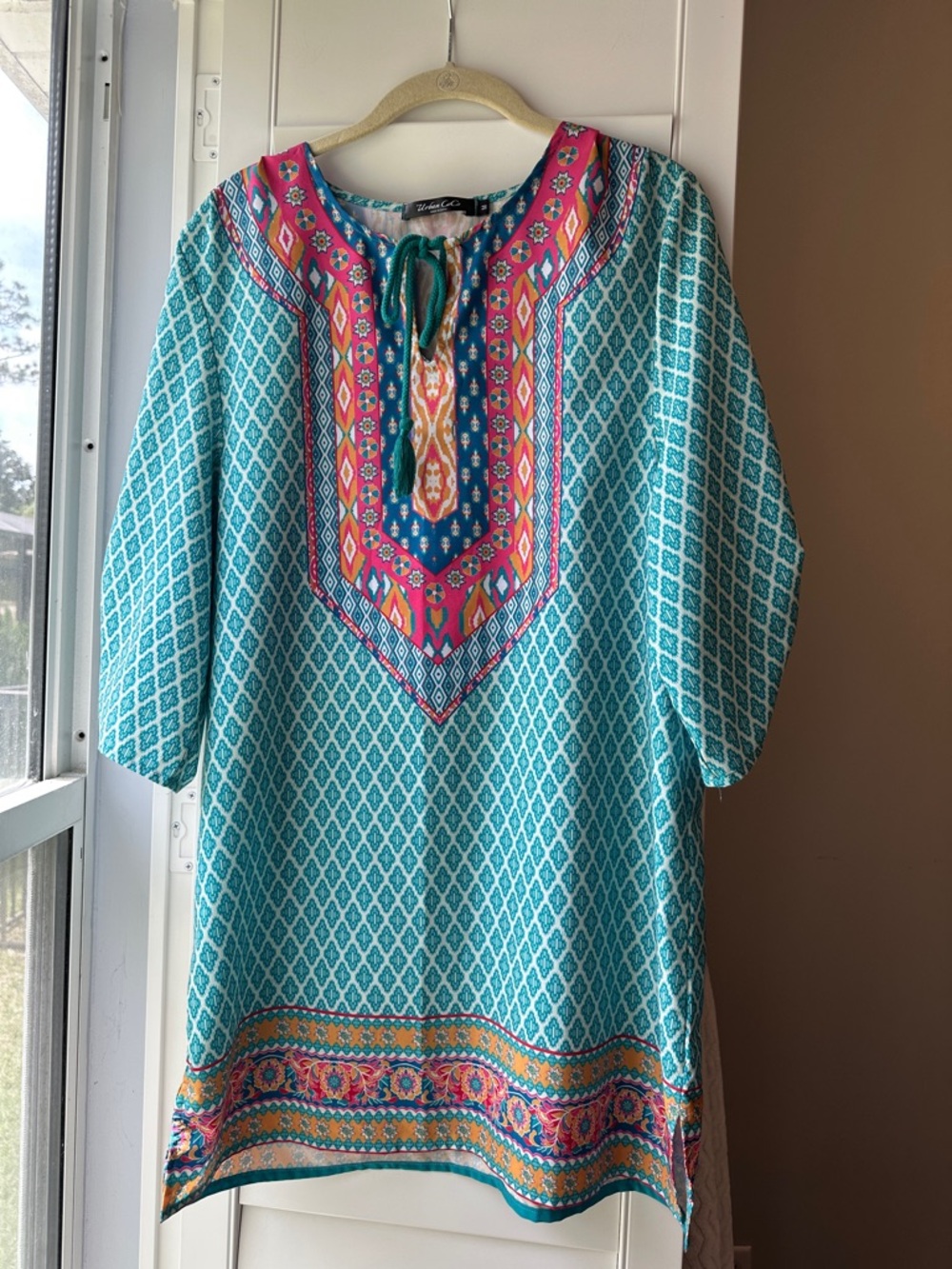 Turquoise Embroidered Boho Tunic with Pink & Orange Accents
